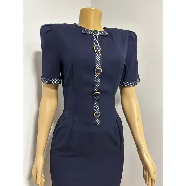 Positive Attitude Petite Vintage Navy Blue Polka Dot Bow Sheath Dress Sz 5/6 - Image 2