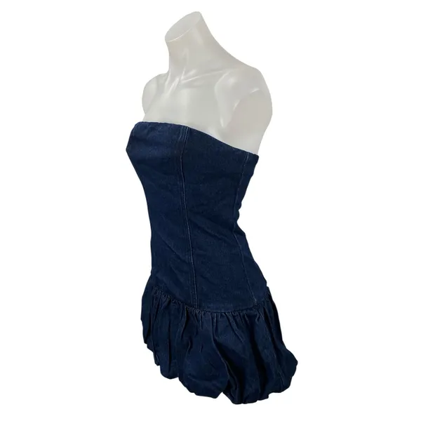 NEW PrettyLittleThing Blue Strapless Tube Bandeau Ruffle Mini Denim Jean Dress 2 - Image 2