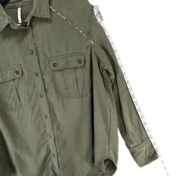 Free People Off Campus Shirt Womens XS Moss‎ Green Tencel Metallic Boho Utility - Image 11