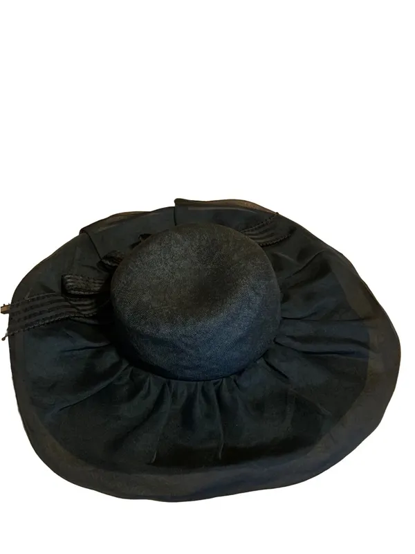 Vintage Adolfo Ii Black Wide Brim Linen Hat With Striped Bow - Image 7