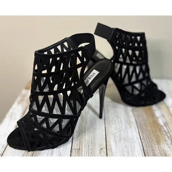Steve‎ Madden Bratt Cage Sandal Womens 9 Black Excellent Suede Cutout Stiletto - Image 7