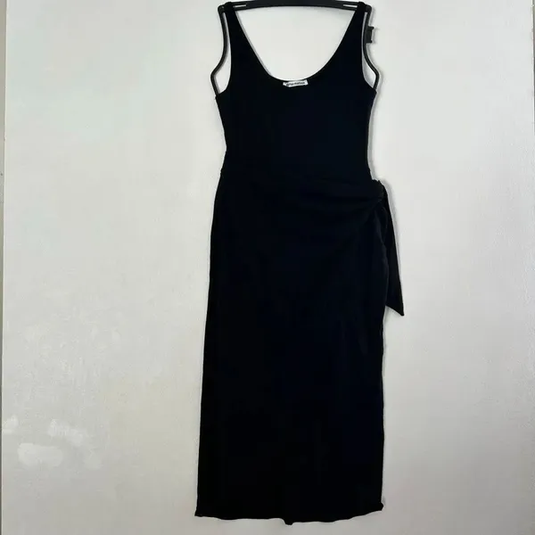 Reformation Black Wrap Midi Dress Tie Waist Sustainable Lyocell Stretch Size S - Image 2