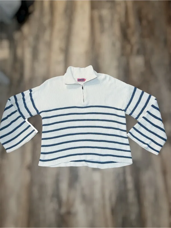 Edikted 1/4 Zip oversized Ribbed Sweater White with Navy Stripes Nautical cotton - Image 3
