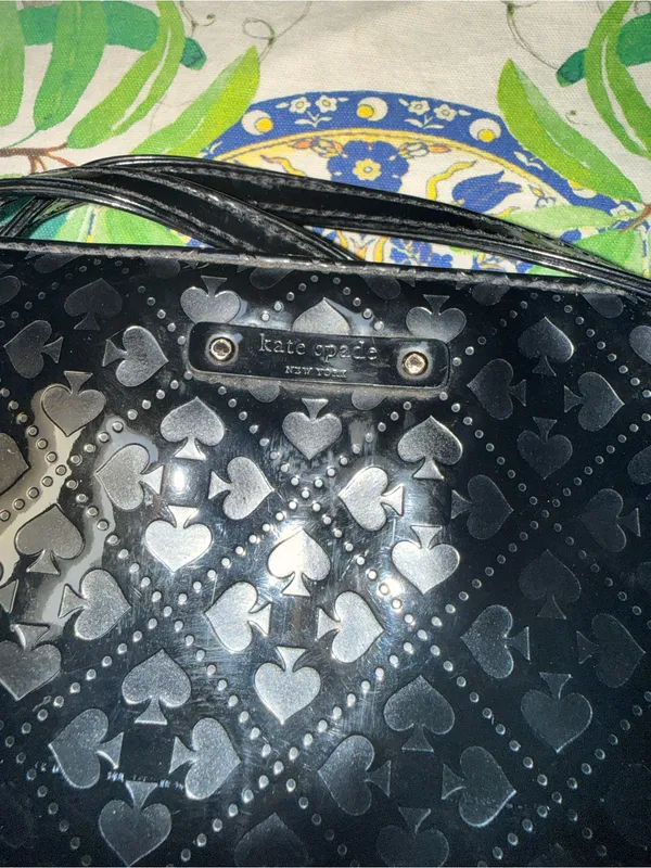 kate spade Black Patent Embossed Shoulder Bag with Card Suit Pattern - Image 3