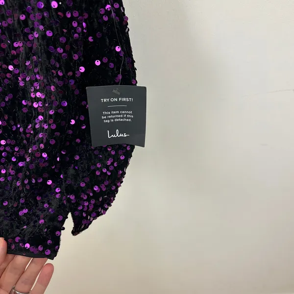Lulus Seeing Sparkles Dark Purple Velvet Sequin Square Neck Mini Dress Small NWT - Image 10