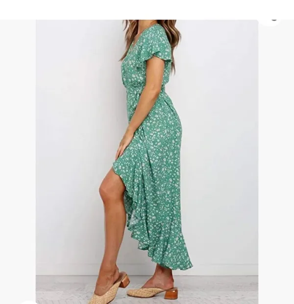 Zesica Women's Summer Bohemian Floral Printed Wrap V-Neck Beach Maxi Dress Green - Image 2