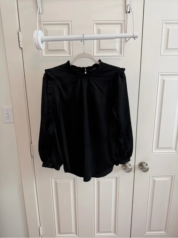 J. Crew Black Satin Ruffle-Trim Blouse - Image 2