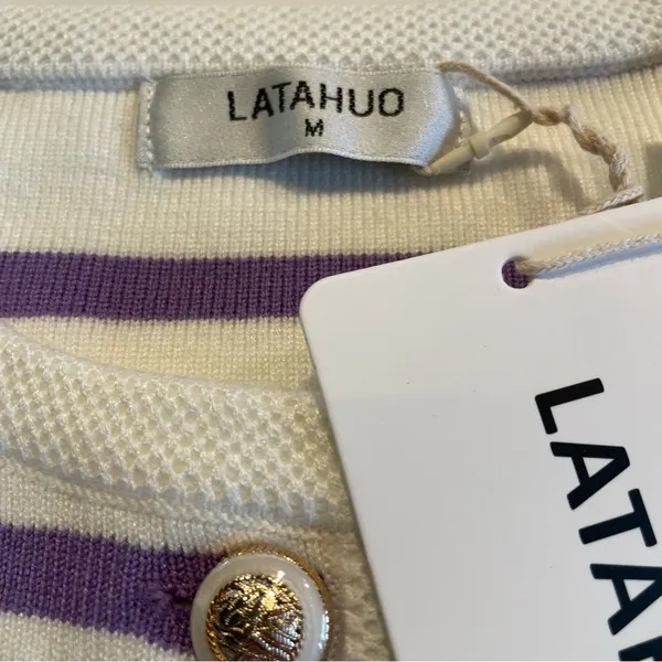 LATAHUO Women Gold Button Down Cardigan Lavender White Crew Neck size Medium - Image 3
