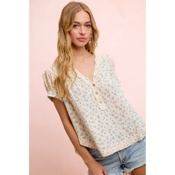 BiBi Floral Crinkle Neckdrop Short Sleeve‎ Blouse Top - Large - Image 3