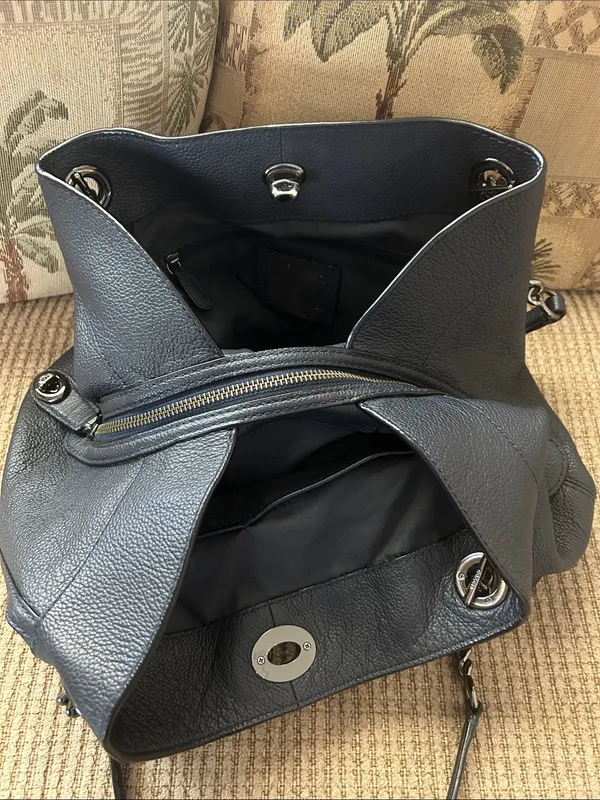 Coach Edie Turnlock Dark Navy Blue Pebbled Leather Shoulder Bag w/ Chain Straps - Image 8