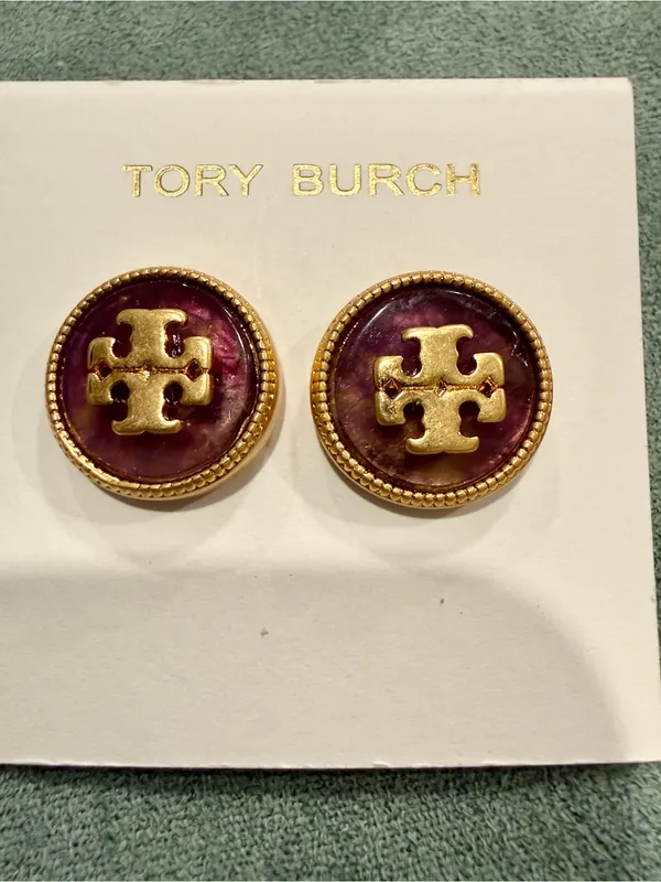 Tory Burch | Gold Plated Logo & Purple Enamel Stud Earrings - Image 4