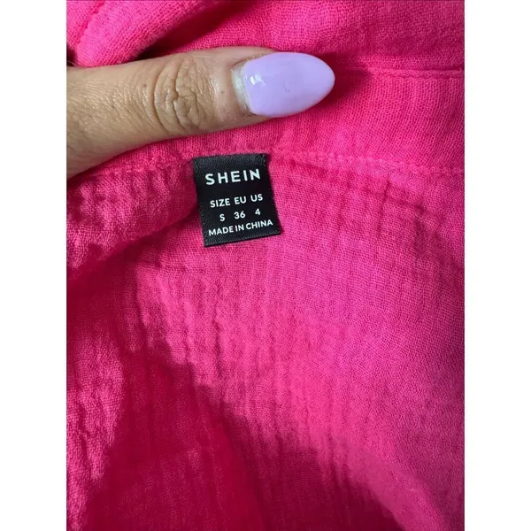 Hot Pink 100% Cotton Gauze Long Sleeve Button Down Shirt Shacket Women's S - Image 6