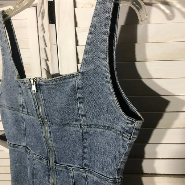 Emory Park Y2K denim jumpsuit bell-bottoms blue zip sexy fitted look groovy hippie boho M - Image 11