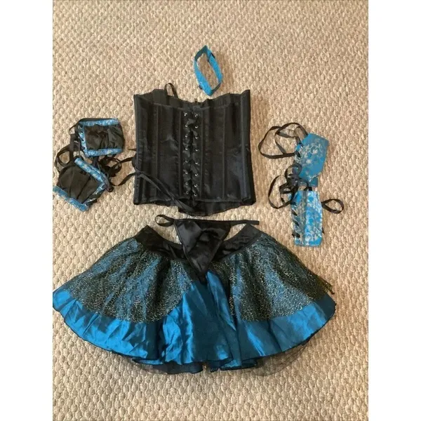 Black Corset Size Small, Skirt, Arm Bands, Wrist Bands, Choker, & Thong. New. - Image 3