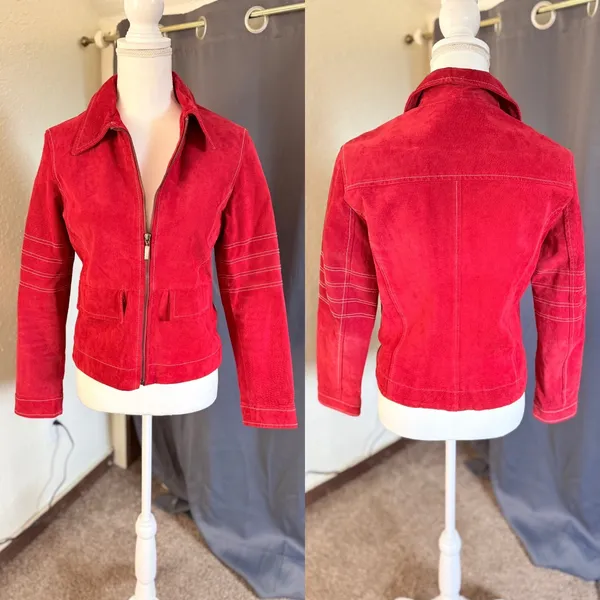 Olly London Moto Suede Zip Front Jacket Women Small Red - Image 15