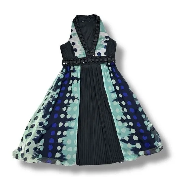 Zara Beaded Silk Pleated Multi Pattern Fit‎ Flare Halter Dress Black Teal Medium - Image 15