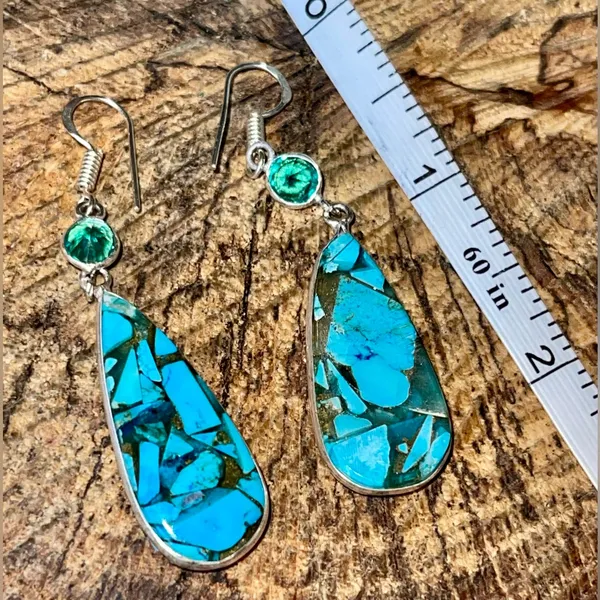 Faceted Turquoise in Copper Earrings 2 1/4” Gold - Image 6