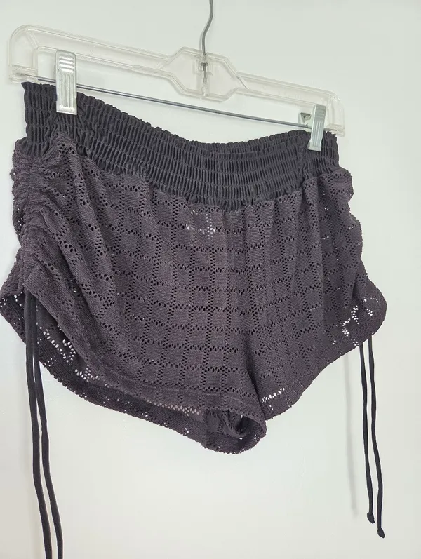 No Boundaries Swim Cover Up Bottom Black Crochet Knit Ruched Sheer Ties Small - Image 4