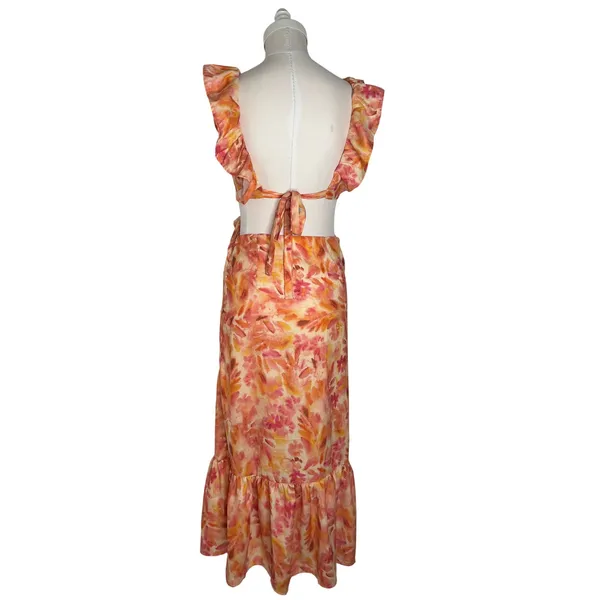 Micas Floral Ruffle Cut Out Maxi Dress Orange Pink Watercolor Size M NWT - Image 2