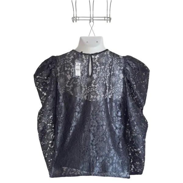 Express Women’s Black Medium‎ Whimsygoth Dark Romance Lace Puff Sleeve Top - Image 5
