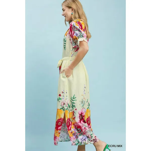 Umgee Mix Floral Border Print Midi Dress - Ecru mix - Large - Image 3