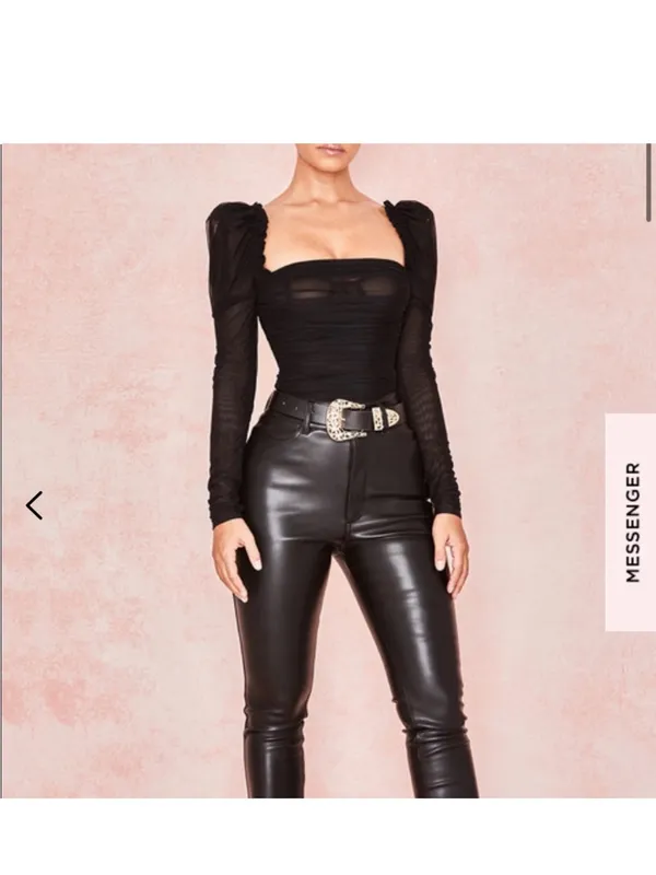 House of CB Black Ruched Mesh Puff-Sleeve Square Neck Bodysuit Size XS - Image 2