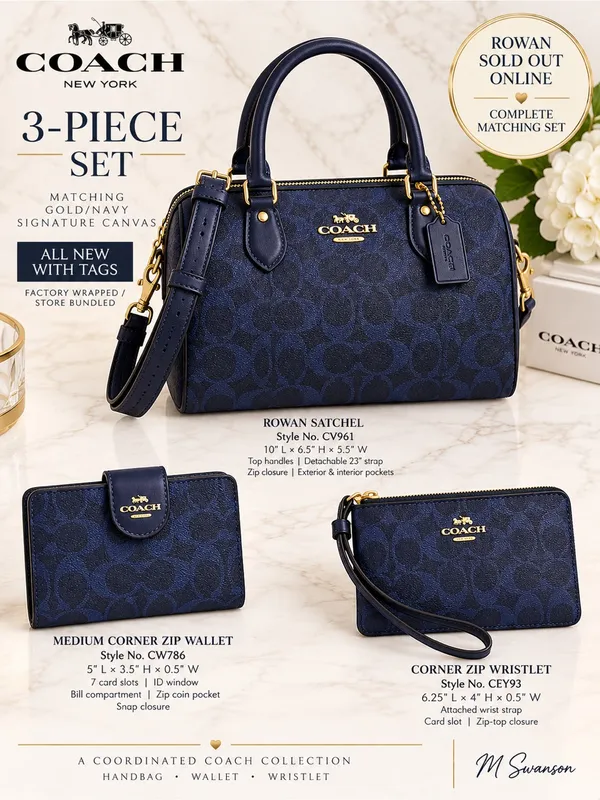 NEW Coach Navy Signature 3-Piece Rowan Satchel Wallet Wristlet Set NWT - Image 2