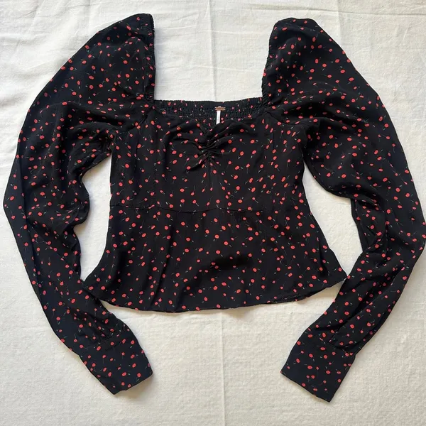 Julia Sweetheart Cherry Print Long Sleeve Top Blouse - Image 2