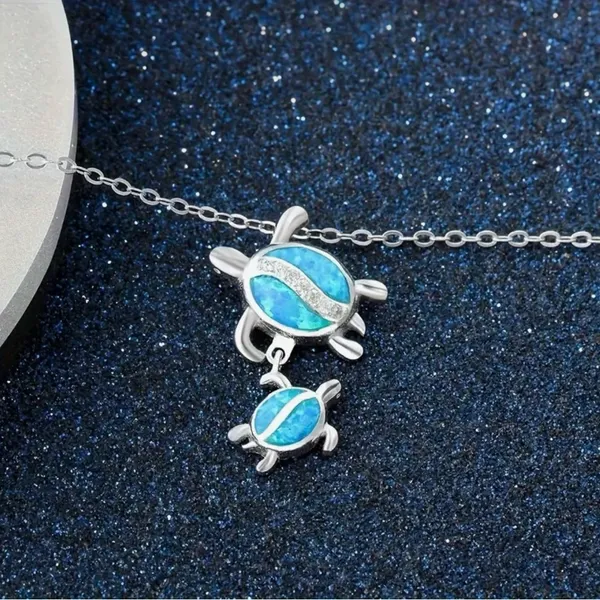 Silver Plated Tear Drop Opal Turtle Parent Child Pendant,‎ Minimalist Necklace - Image 6