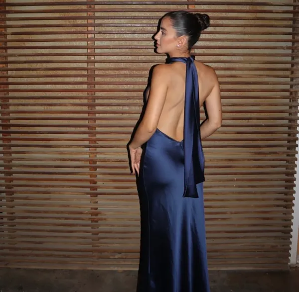 Zara maxi dress satin slip gown Elegant blue Halter formal party wedding prom - Image 11