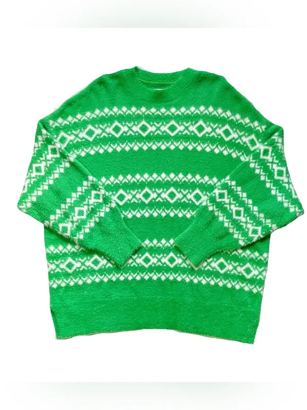 Aerie Flurry Fair Isle Green Oversized Crew Sweater - Image 2