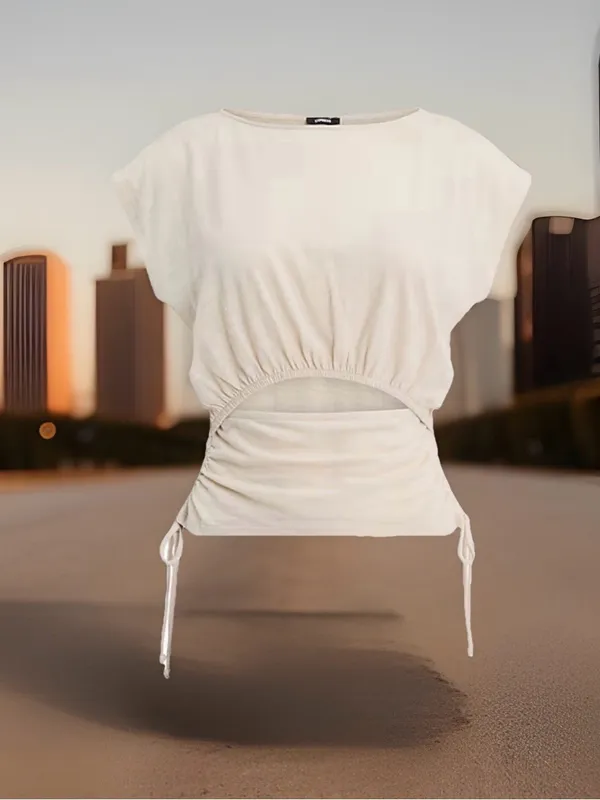 Express Women’s Size S Boat Neck Cap Sleeve Front Cutout Tie Side Tee. Sand. NWT - Image 3