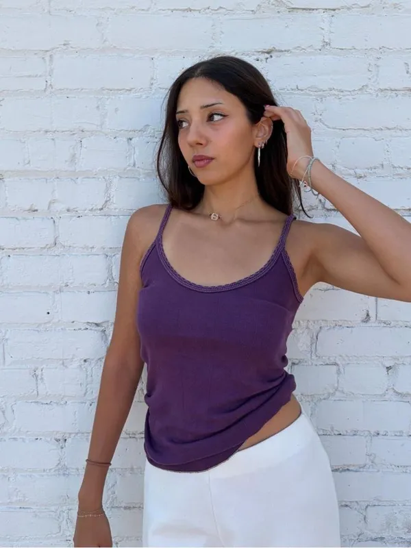Brandy Melville Purple tank top with thin scalloped trim - no tag- sz s/m #y2k #2000s #basics - Image 2