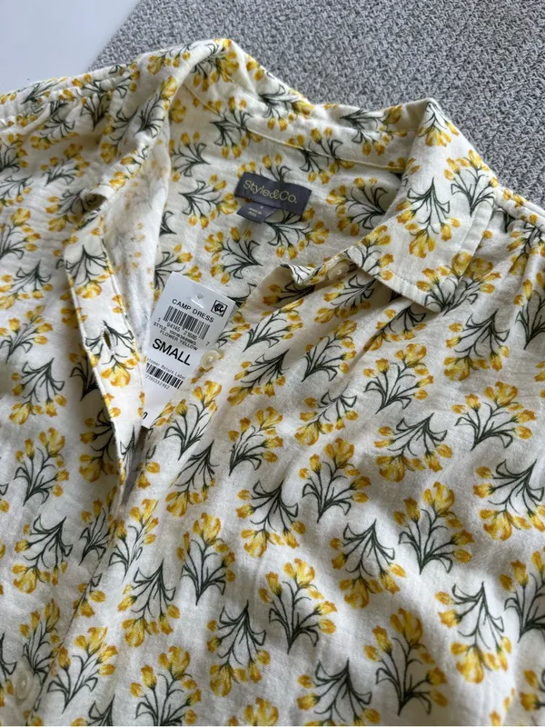Style & Co. Yellow Floral Cotton Gauze Tie-Waist Midi Shirt Dress Size Small - Image 6