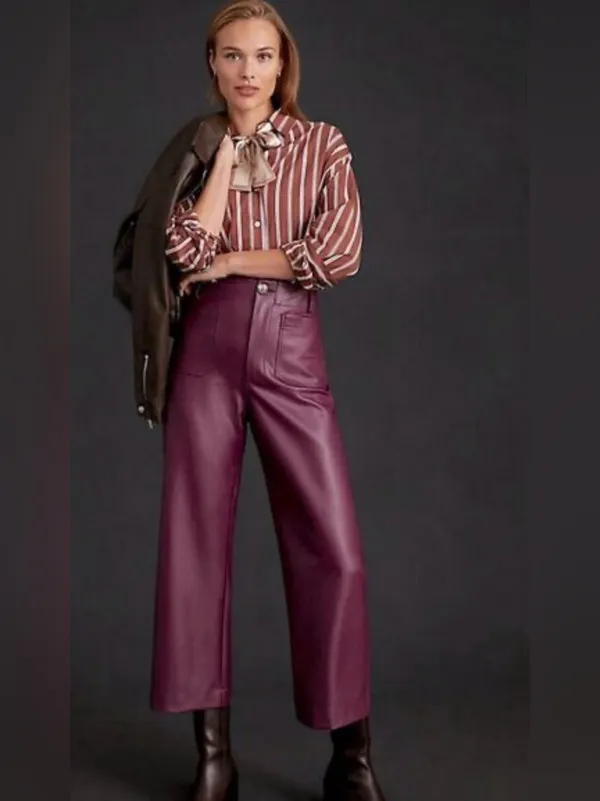 Maeve x Anthropologie Colette Wide Leg Cropped Faux Leather Burgundy Pants 28 - Image 10