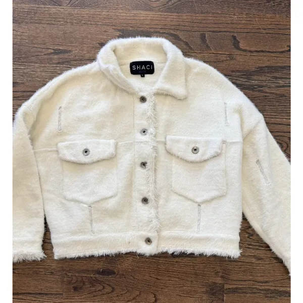 SHACI BLUE Ivory Fuzzy Trucker Sweater Jacket Oversized Distressed S Small 2655 - Image 2