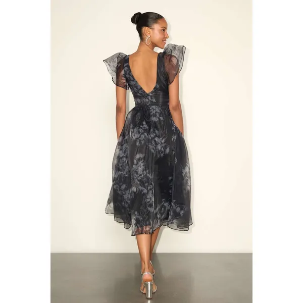 NWT Lulus Mesmerizing Mood Black Floral Organza Ruffled A-Line Midi Dress Sz XXL - Image 3