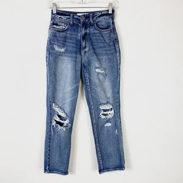 Pacsun Medium Wash High Rise Ripped Distressed Mom Jeans - Image 3