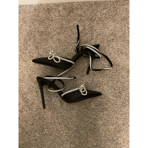NWOT Lulus Lullie Black Rhinestone Bow Ankle Wrap Stiletto Heels Pumps Glam, 8 - Image 7