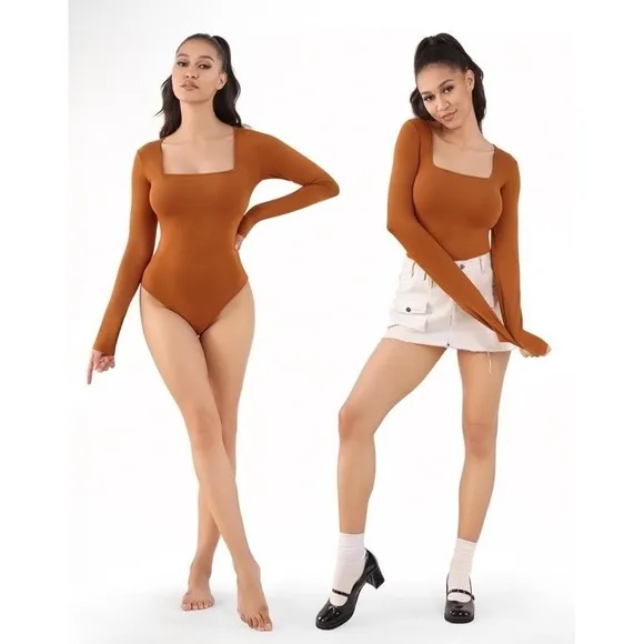 MANGOPOP‎ Women XL Brown Square Neck Long Sleeve Snap Crotch Bodysuit Neutral - Image 2