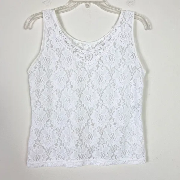 Vintage y2k White Sheer Floral Lace Cami Tank Top Size L - Image 2