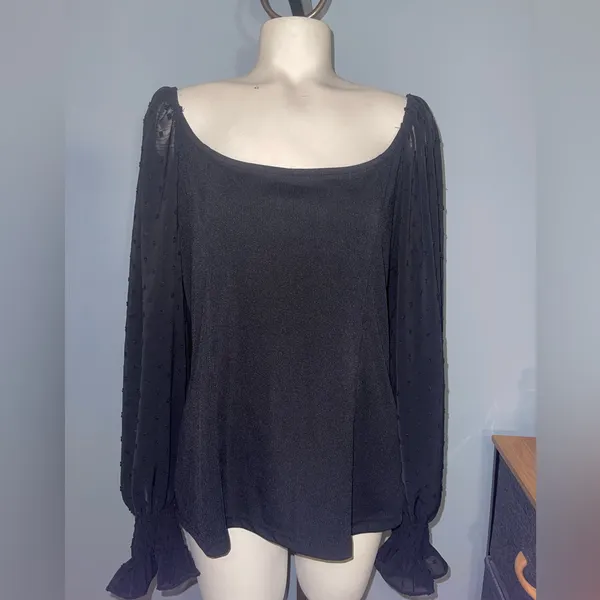 Natacata Chic Black Blouse with long Sheer Sleeves top dressy shirt NWT - Image 2