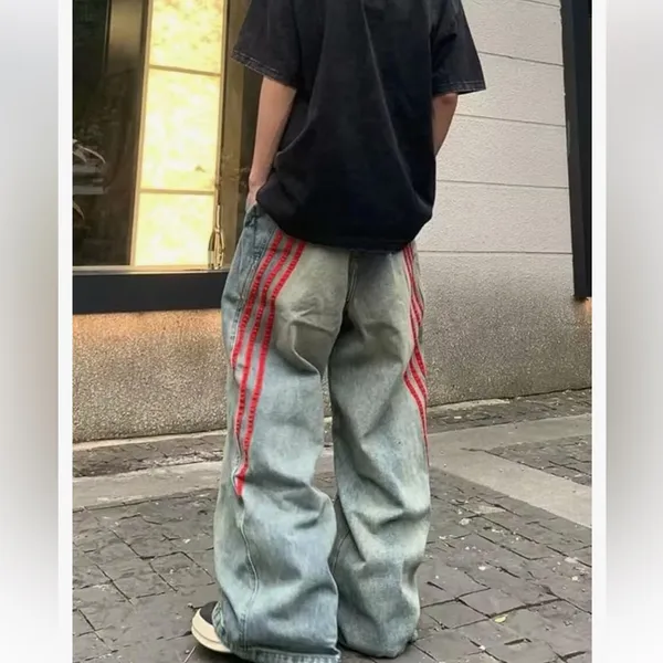 BH Grunge wide leg Baggy Jeans Red Stripes retro loose patchwork hip hop L - Image 2
