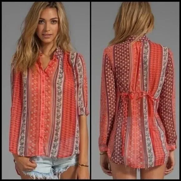 Free People Moonlight Mile Woven Top Hot Coral Floral Size Small‎ - Image 12