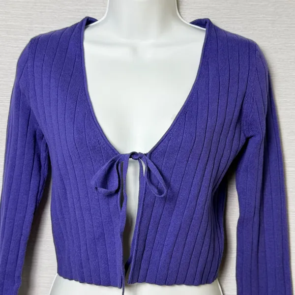 Organic Basics Soft Knit Rib Tie Cardigan Eclipse Purple Blue Small OB440035 NEW - Image 4