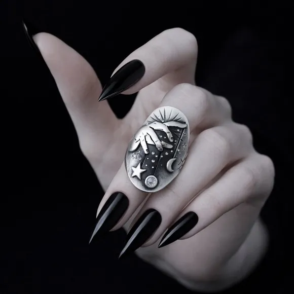 NEW Celestial Moon Star Faux Silver Statement Ring Sz 7 Witchy Gothic Grunge Alt - Image 2