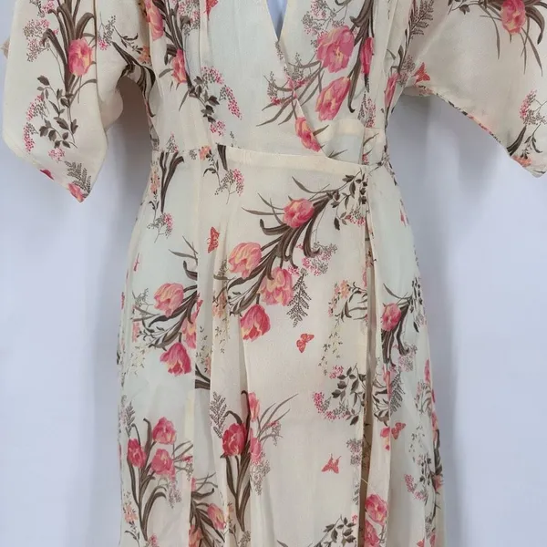 Reformation Karen Kimono Midi Wrap Dress Leila Floral Tulip Size‎ XS Cream Pink - Image 11