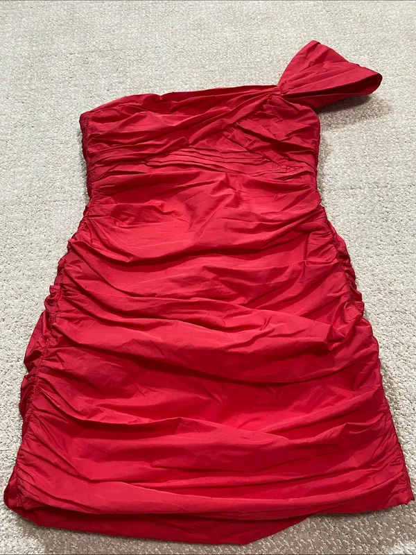 Zara Bright Red One-Shoulder Ruched Mini Dress Size S - Image 4