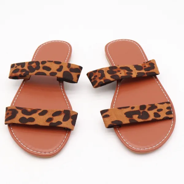 Leopard Print Double Strap Flat Slide Sandals Brown Tan Size 40 - Image 3