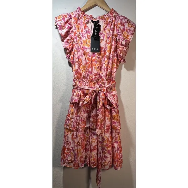 Anthropologie Fate Pink Floral Flowy Tiered Ruffle Peasant Mini Dress Small NWT - Image 4
